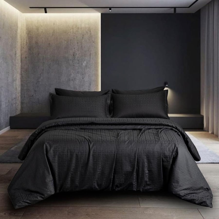 مفرش فندقي نمط هندسي يوناني مزدوج قطن أسود 500 غرزة عدد القطع 7
