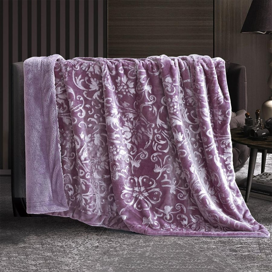 بطانية بارما مخمل و فرو مفرد ونص محفور ليلكي 160 × 220 سم