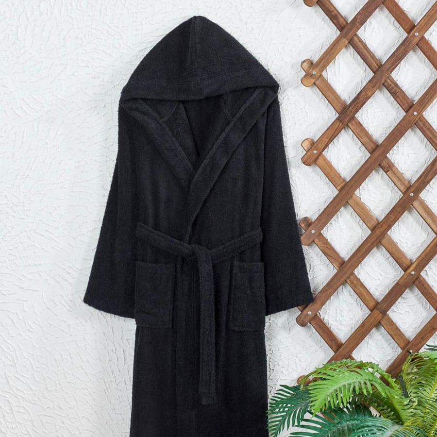 Turkish Nadav Home Robe with Hotel Hood, Black, 1 Piece