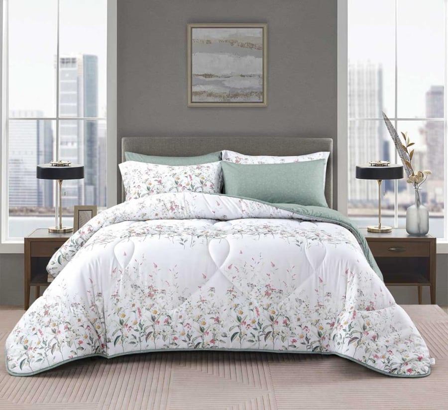 مفرش سمرلاند صيفي  مقاس كوين 150x200 سم برسومات الزهور أبيض و تركواز عدد القطع 4