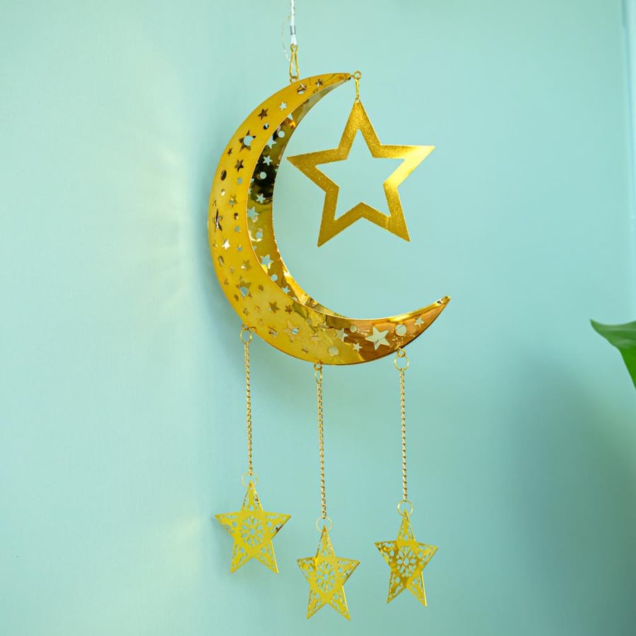 هلال رمضان ذهبي تعليق حائط مضىء مع نجوم ذهبية