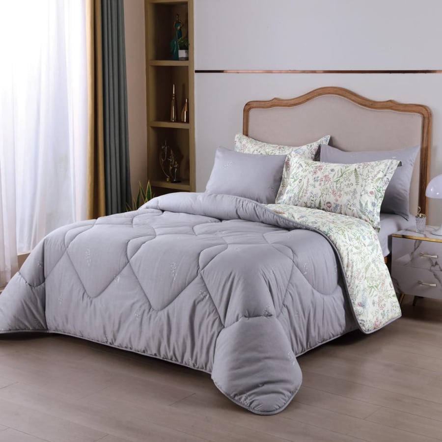 مفرش سمر لاند صيفي مقاس كوين 150x200 سم برسومات الزهور كريمي و رصاصي عدد القطع 4