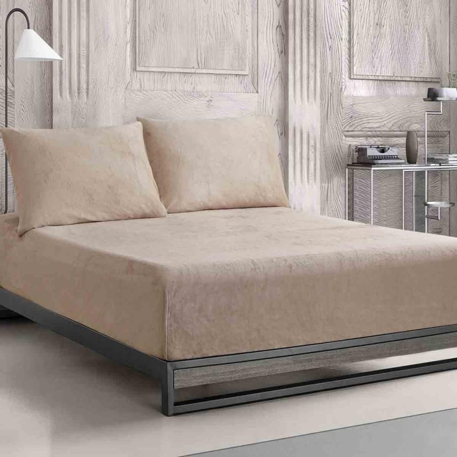 طقم شرشف دفى مطاط شتوي مقاس كوين 160x200 سم , بيج مخمل عدد القطع 3