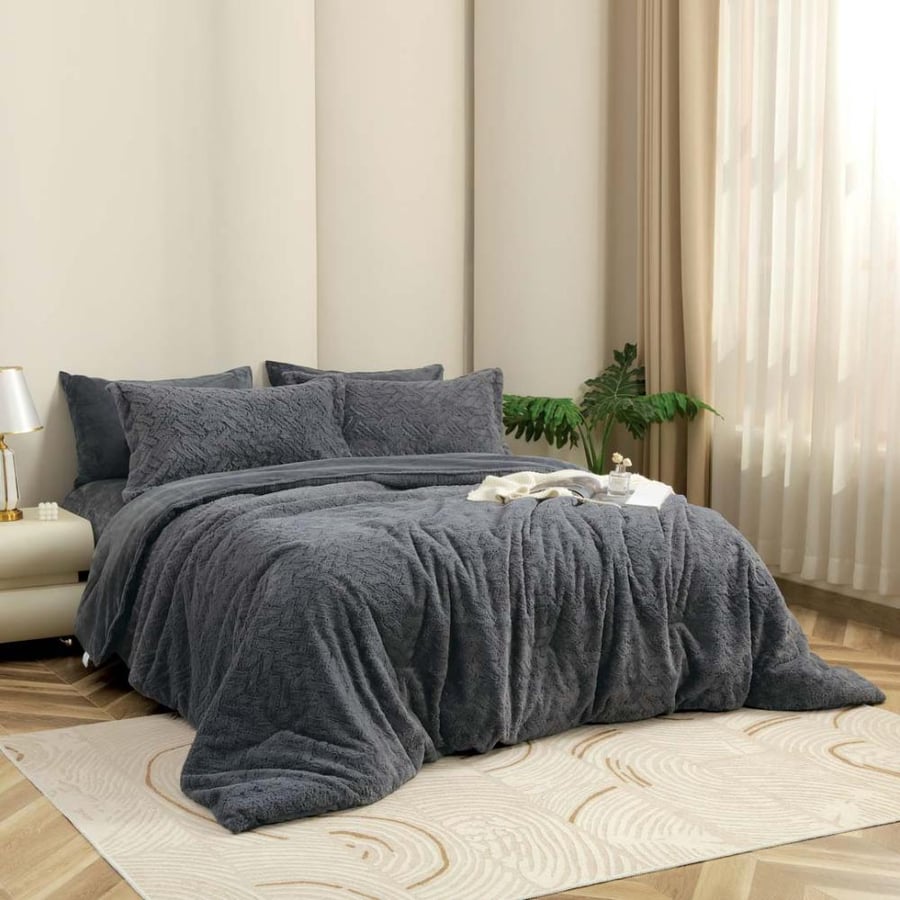 مفرش ستارز شتوي فاخر  كوين مقاس 200X150 سم مخمل و فرو  رصاصي غامق  عدد القطع 4