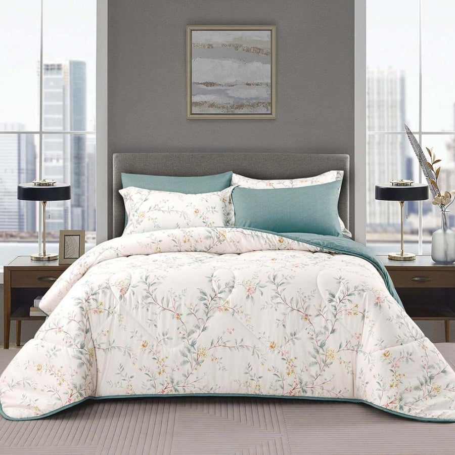 مفرش سمرلاند صيفي  مقاس كوين 150x200 سم برسومات الزهور كريمي و تركواز عدد القطع 4