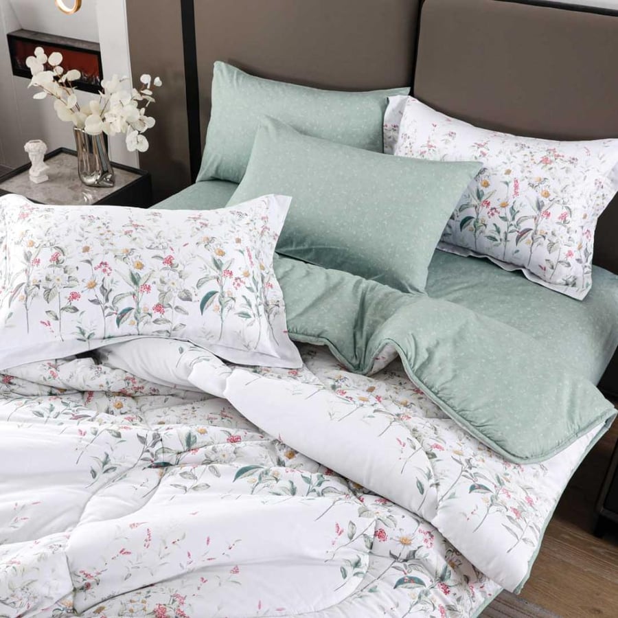 مفرش سمرلاند صيفي  مقاس كوين 150x200 سم برسومات الزهور أبيض و تركواز عدد القطع 4