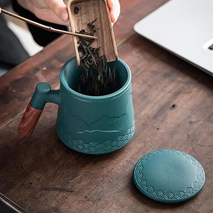 كوب سيراميك مسكة خشبية مع مصفاة - 400 مل | Cup Ceramic