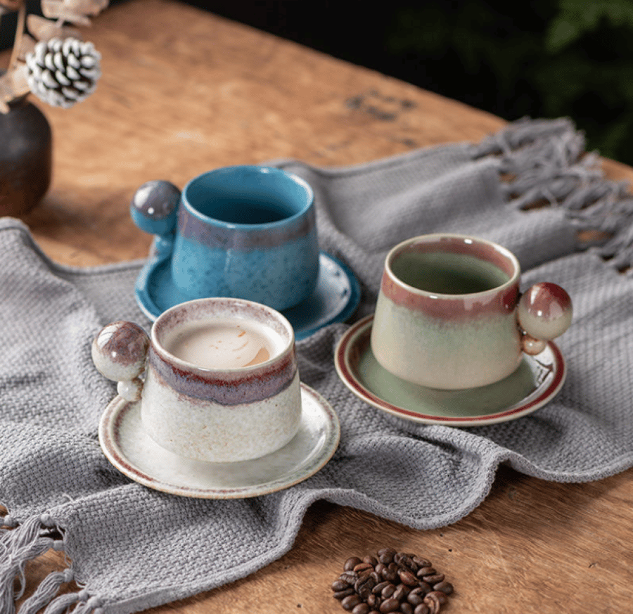 كوب سيراميك بمقبض كروي مع صحن - 4 الوان | CERAMIC CUP