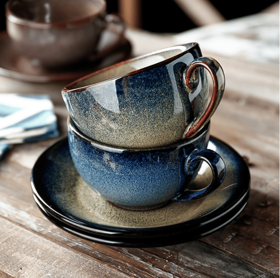 كوب سيراميك منقوش مع صحن 210 مل | CERAMIC