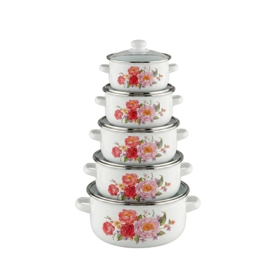 A set of flower-patterned pots with glass lids, 5 pieces