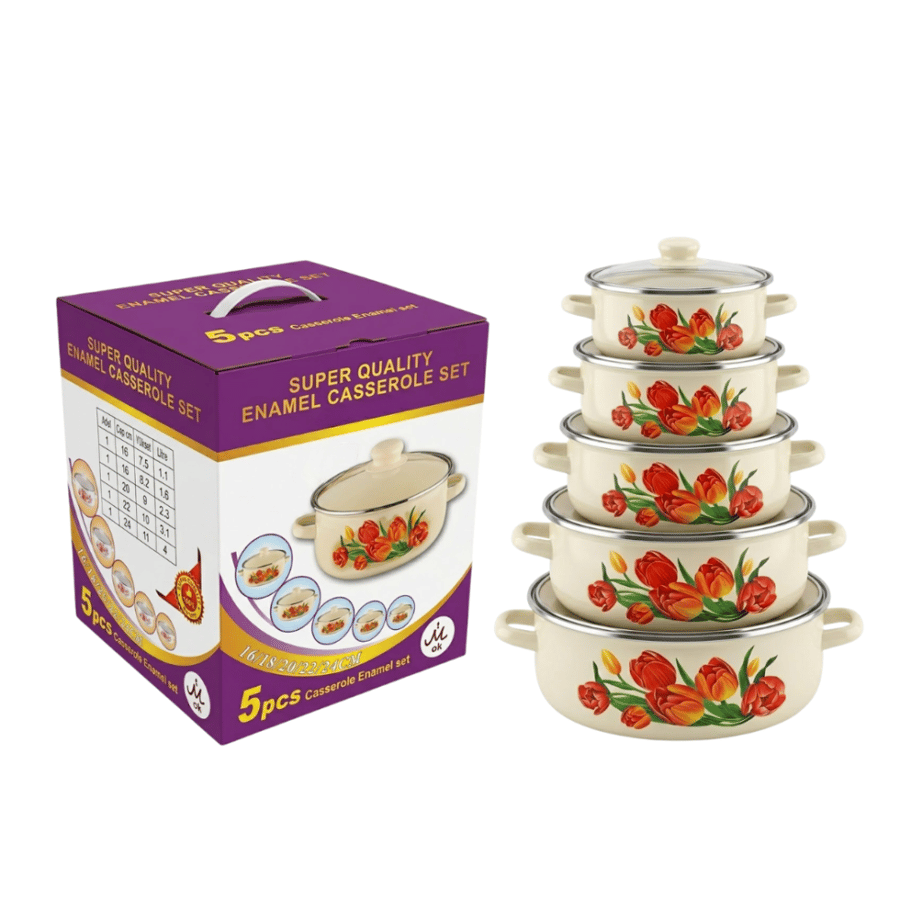A set of flower-patterned pots with glass lids, 5 pieces