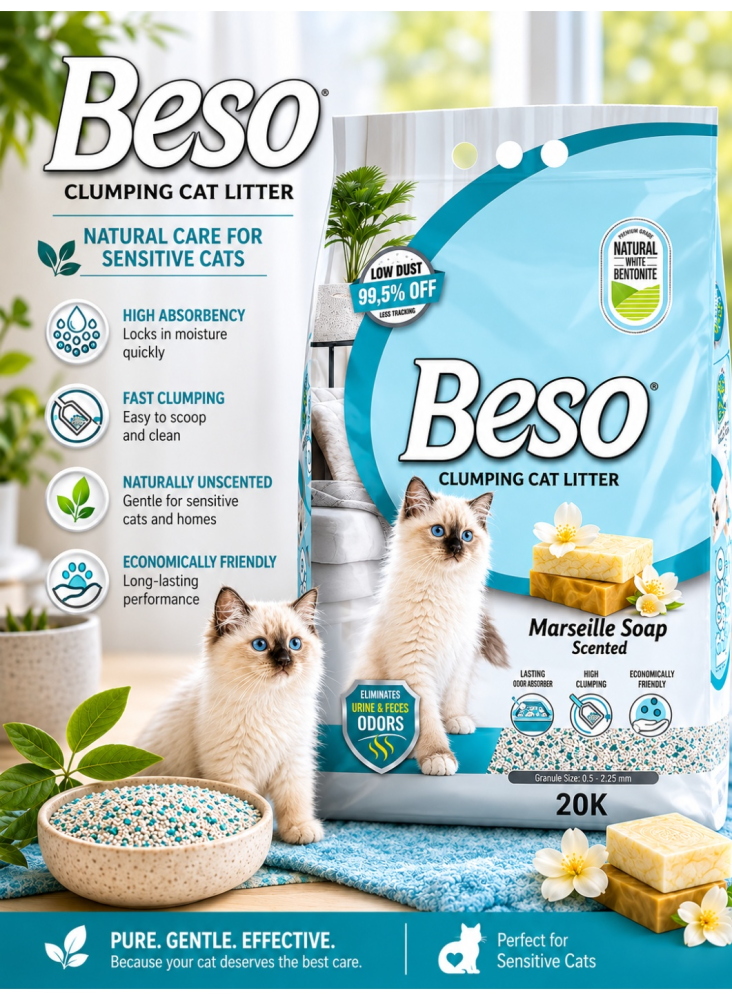 بيسو – رمل قطط متكتل برائحة صابون مارسيليا – 20 كجم