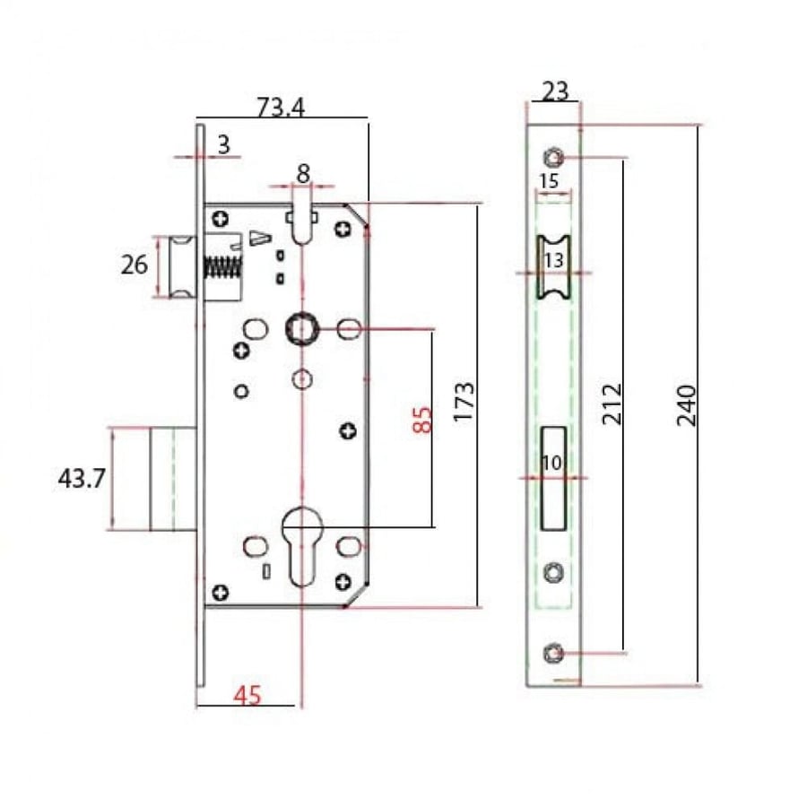 Door mortise lock 45x85mm