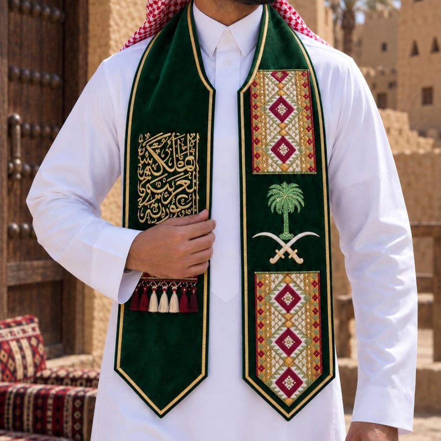 وشاح اليوم الوطني بألوان وزخارف تراثية