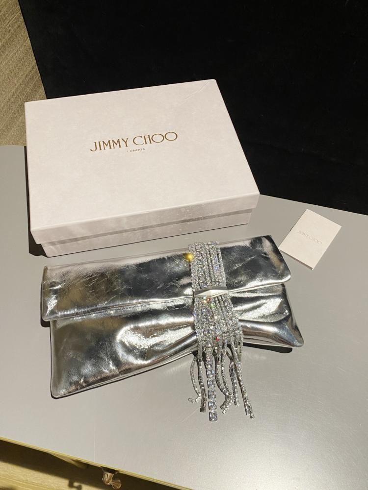 Jimmy Choo Crystal Fringe Crinkled Leather Clutch