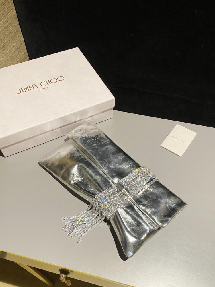 Jimmy Choo Crystal Fringe Crinkled Leather Clutch
