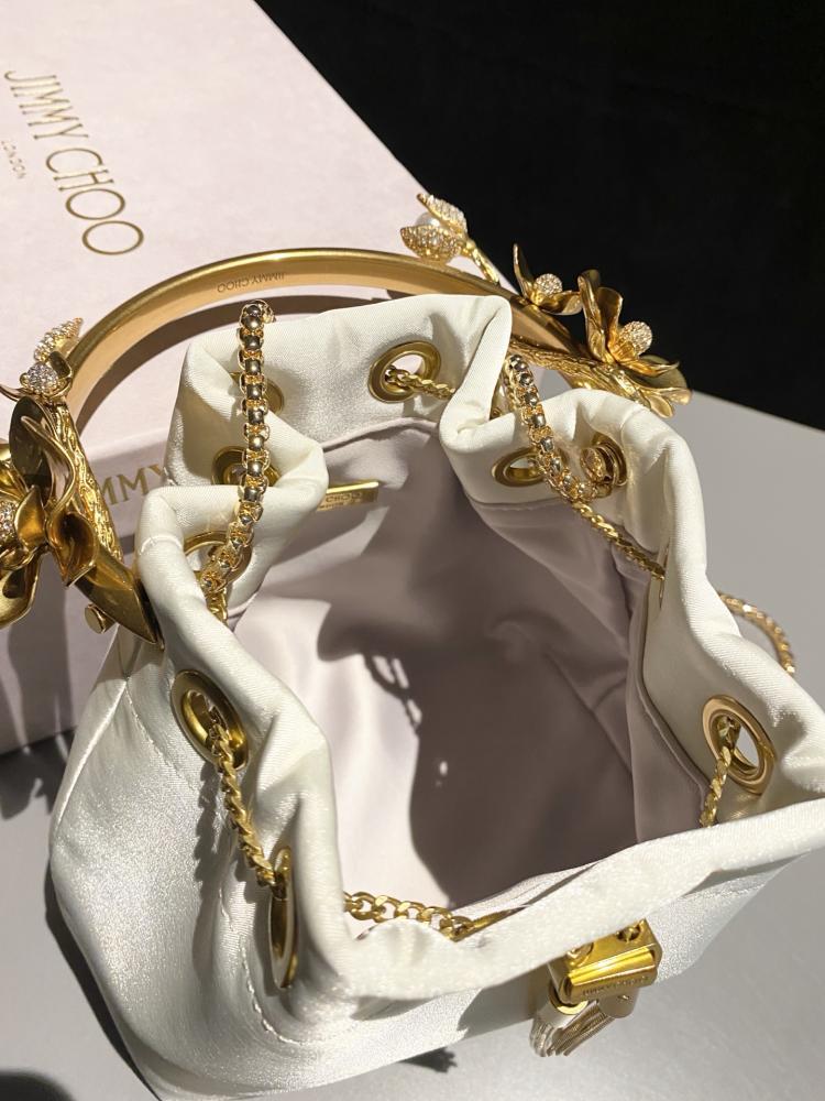 Jimmy Choo Floral Metal Handle Satin Bucket Bag