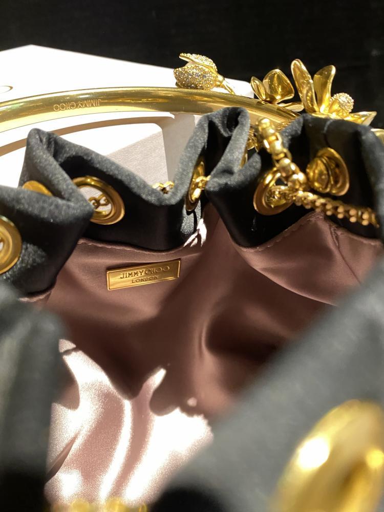 Jimmy Choo Floral Metal Handle Satin Bucket Bag