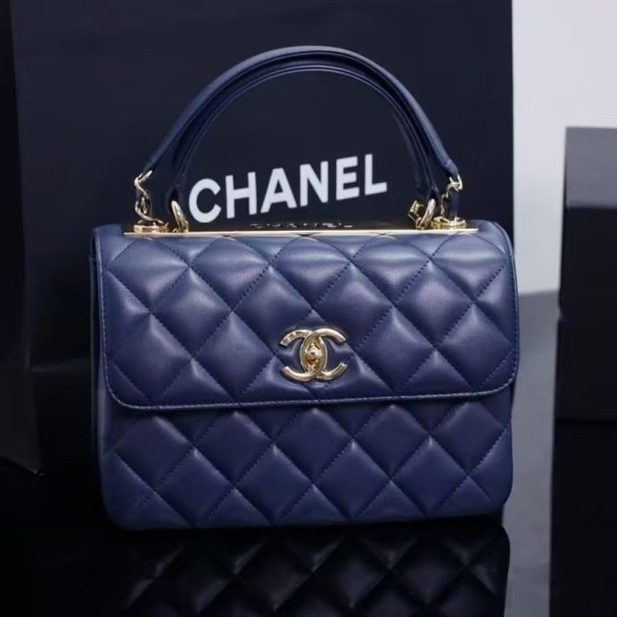 Chanel Quilted Top Handle Flap Bag with Metal Plate