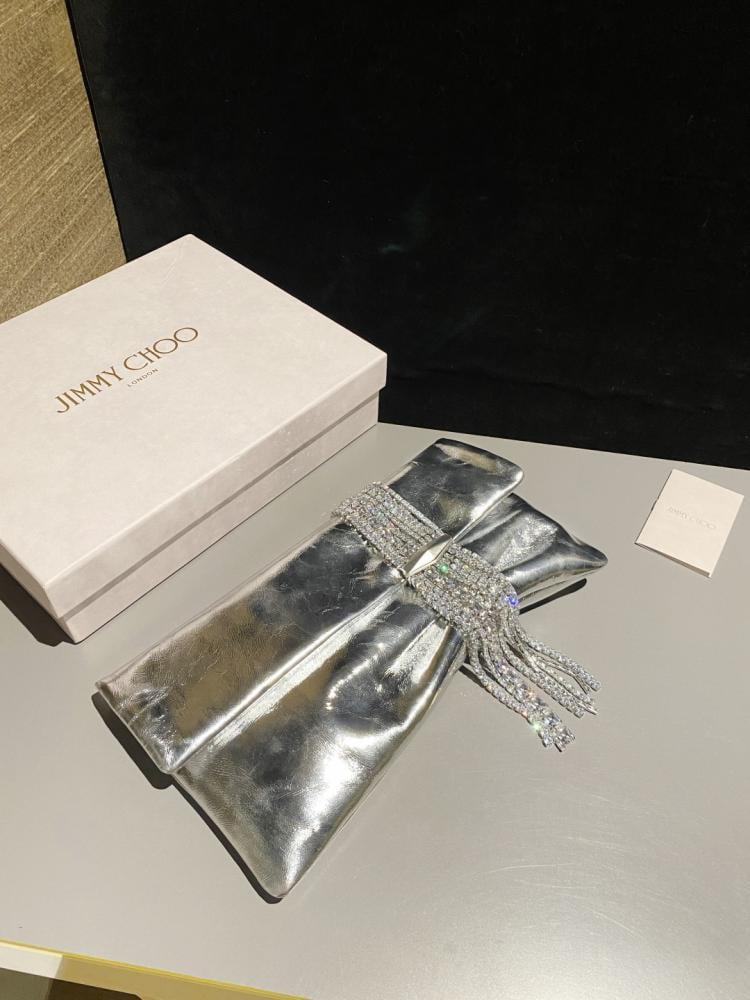 Jimmy Choo Crystal Fringe Crinkled Leather Clutch