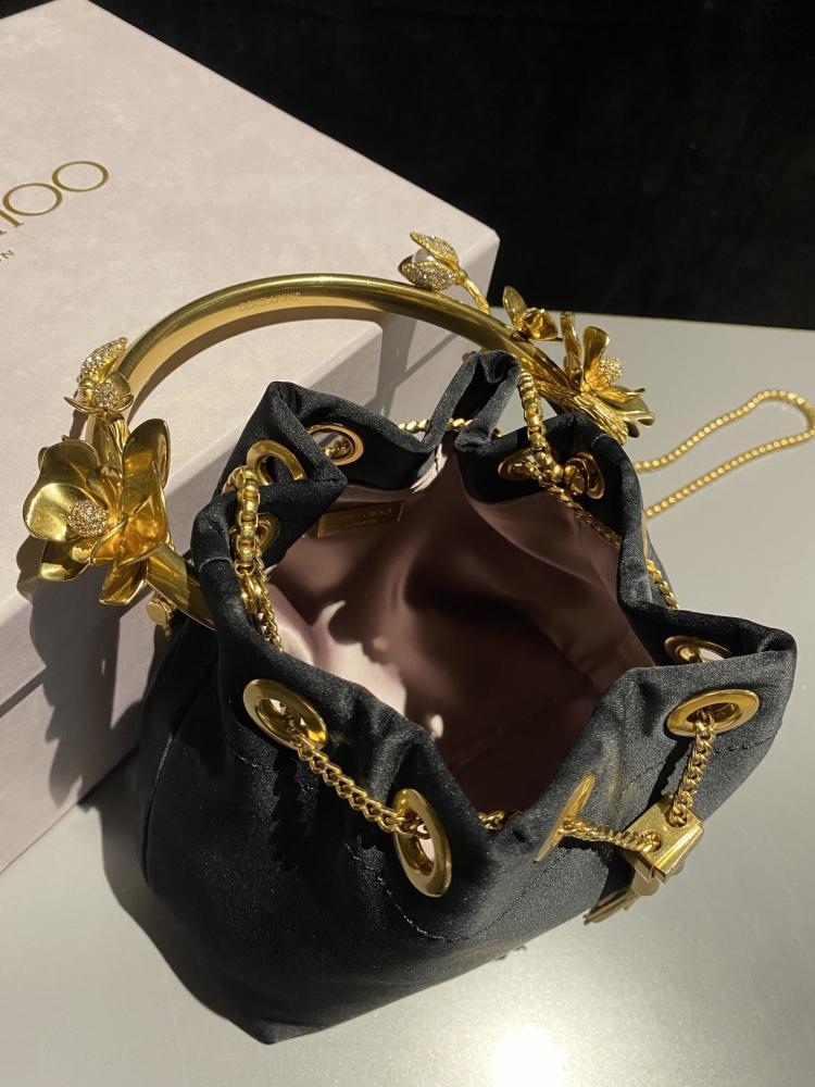 Jimmy Choo Floral Metal Handle Satin Bucket Bag