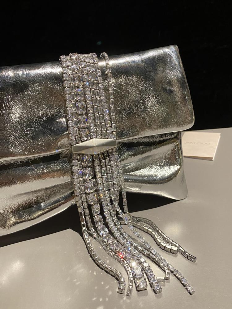 Jimmy Choo Crystal Fringe Crinkled Leather Clutch