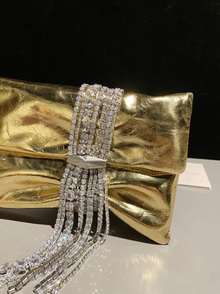 Jimmy Choo Crystal Fringe Crinkled Leather Clutch