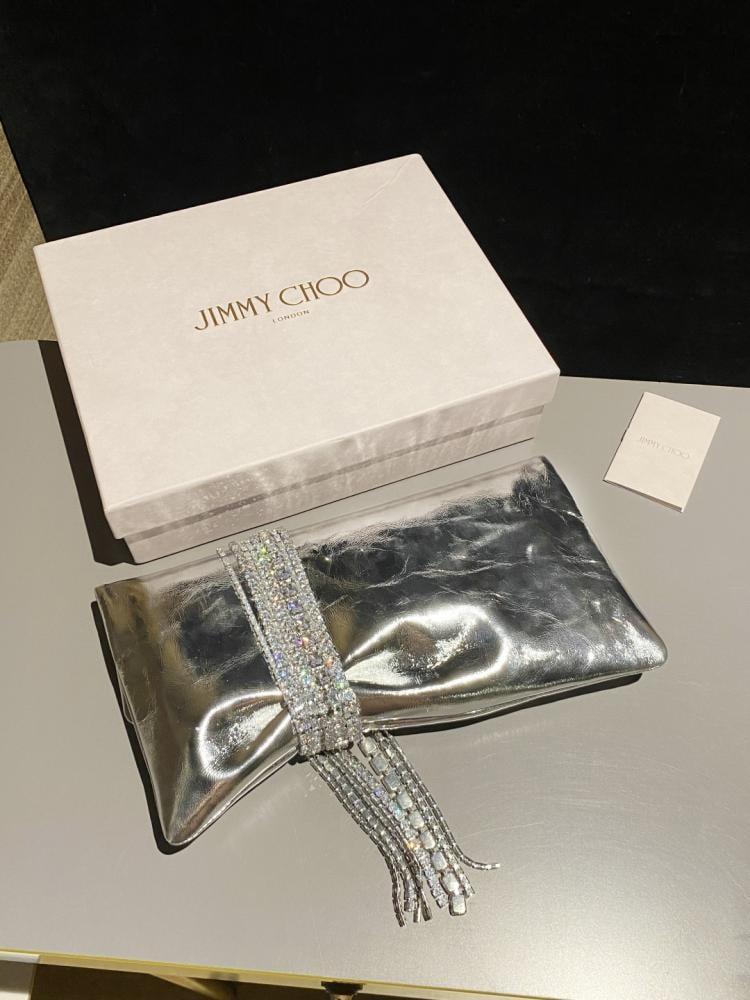Jimmy Choo Crystal Fringe Crinkled Leather Clutch