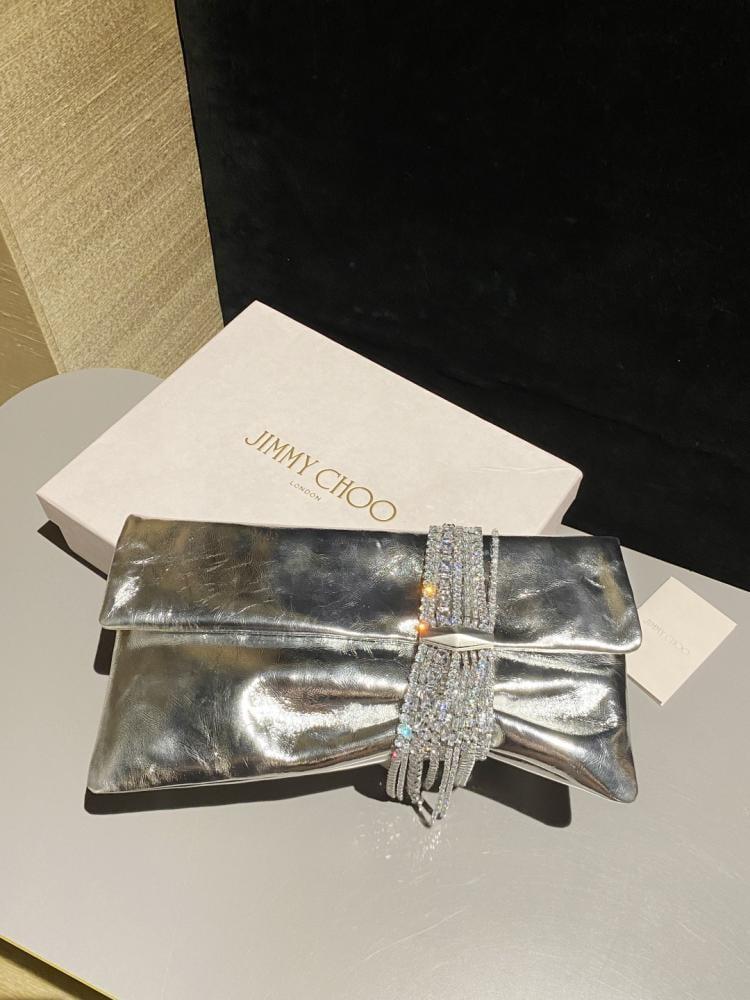 Jimmy Choo Crystal Fringe Crinkled Leather Clutch