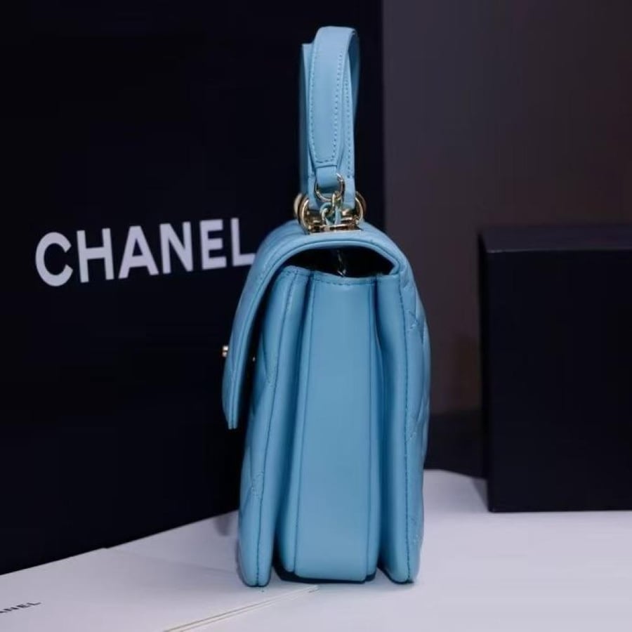 Chanel Quilted Top Handle Flap Bag with Metal Plate