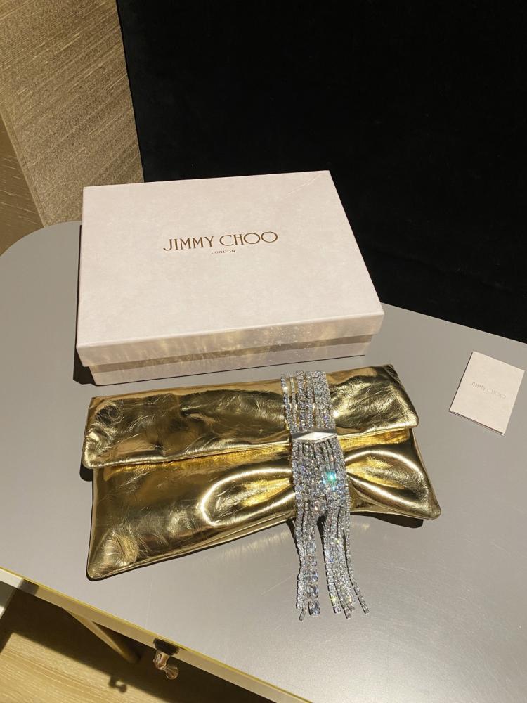 Jimmy Choo Crystal Fringe Crinkled Leather Clutch