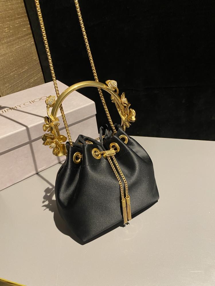 Jimmy Choo Floral Metal Handle Satin Bucket Bag