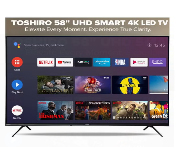 توشيرو شاشة 58 بوصة سمارت فوركيه اندرويد TRO4K60SLED5