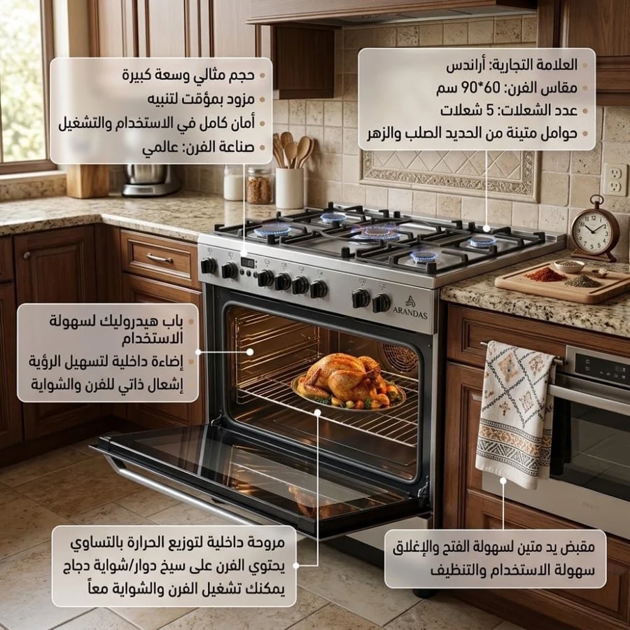 ارنداس فرن غاز 5 عين 90*60 امان كامل بدون مروحة صناعة مصري EC9161SF