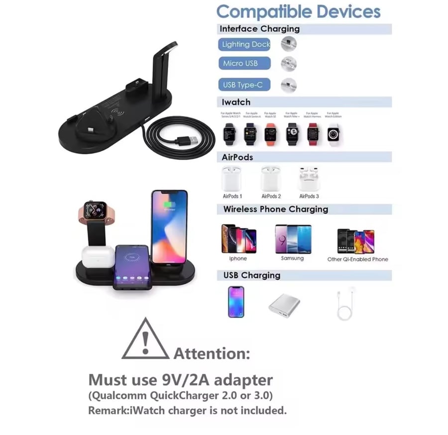 حامل شاحن لاسلكي 7 في 1 ومحطة شحن سريع لأجهزة iPhone 1-12 وApple Watch 9/8/7/6 وAirPods Pro 2/1، شواحن الهواتف