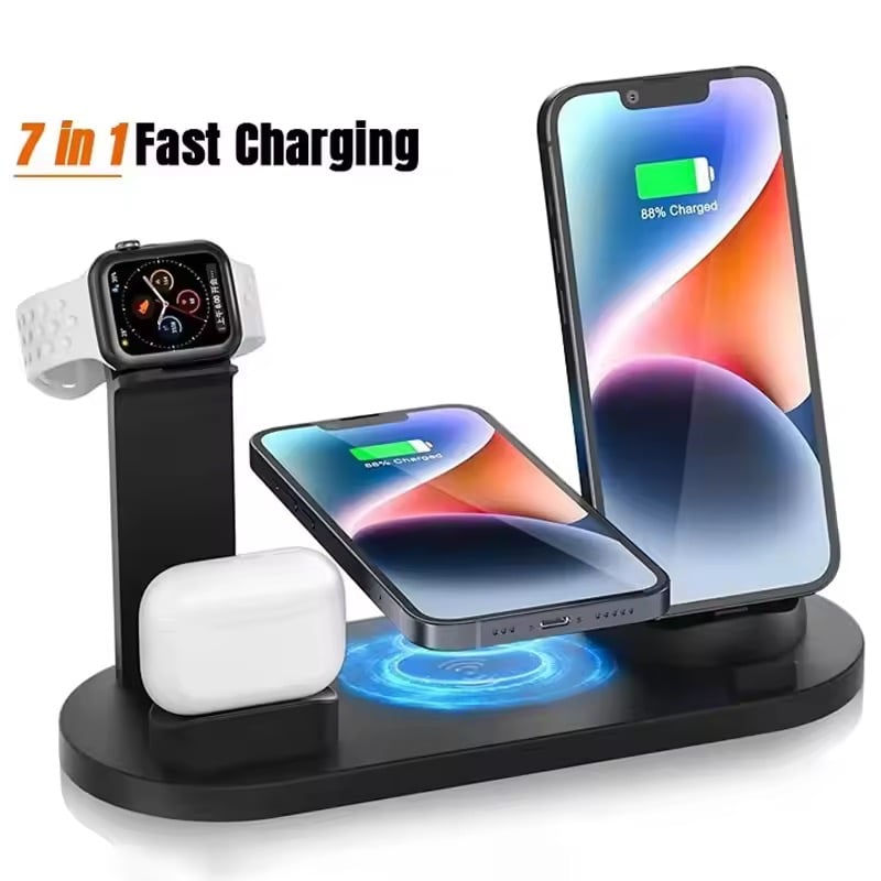 حامل شاحن لاسلكي 7 في 1 ومحطة شحن سريع لأجهزة iPhone 1-12 وApple Watch 9/8/7/6 وAirPods Pro 2/1، شواحن الهواتف