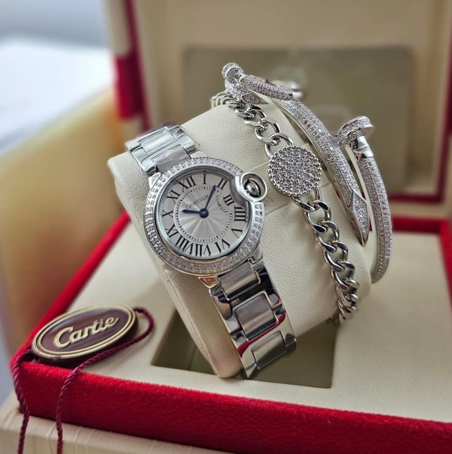 ساعة كارتير نسائي طقم اسوارة وخاتم - Cartier Women's Watch with Bracelet and Ring Set