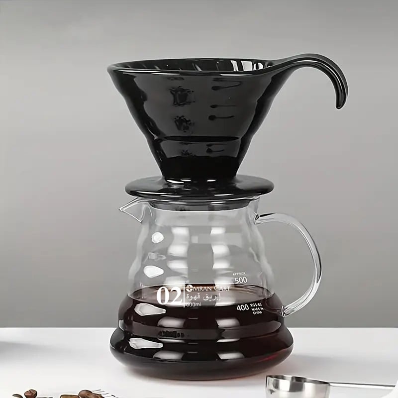 إبريق تقديم قهوة زجاجي 600 مل مقاس 02 مع غطاء لتحضير V60 والقهوة المقطرة