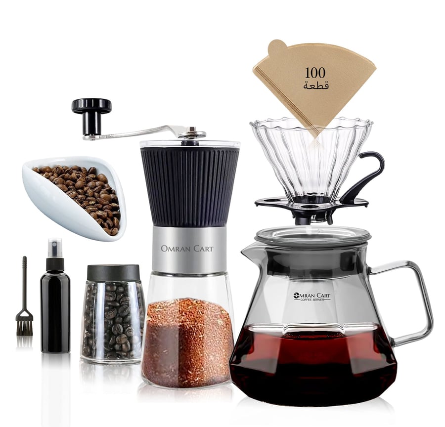 طقم قهوة V60 بالتقطير 8 قطع مع إبريق وقطارة ومطحنة وأدوات تحضير