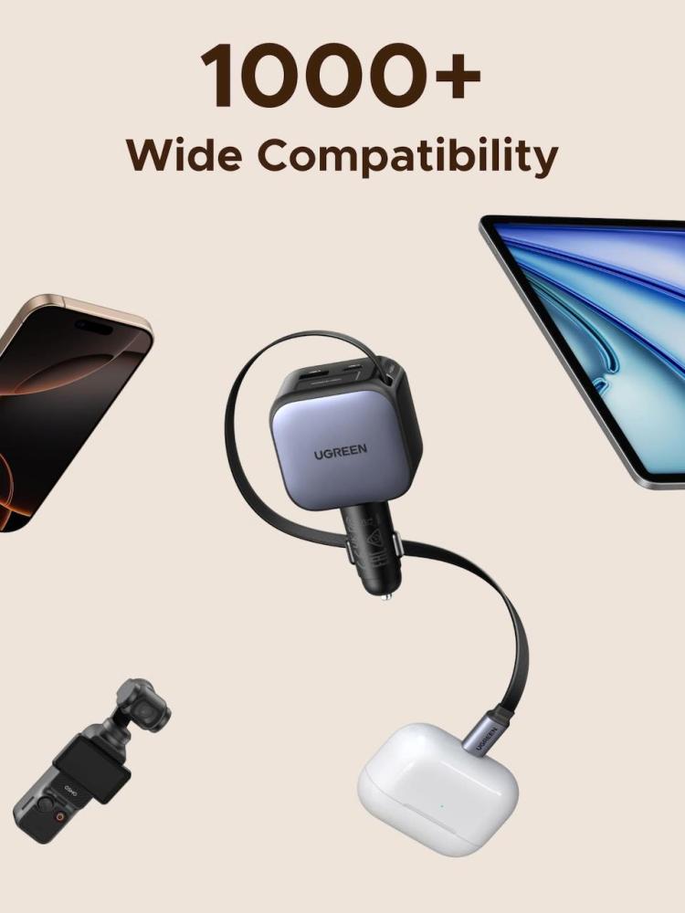 شاحن سيارة يوجرين بكابل USB-C قابل للسحب