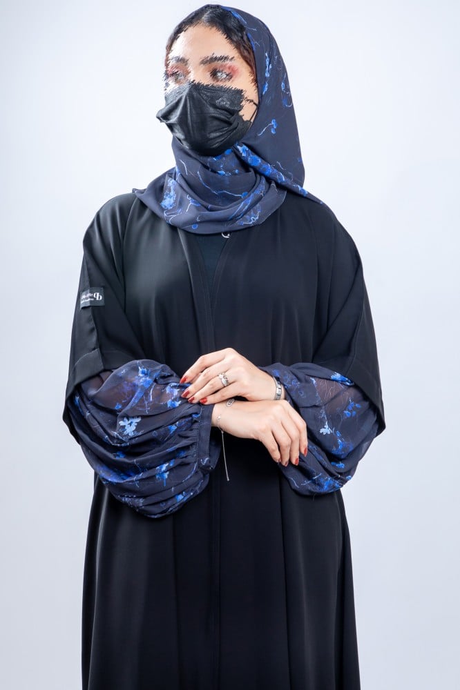 عباية نص كلوش انترنت مع شيفون مشجر كحلي في الأكمام BB232