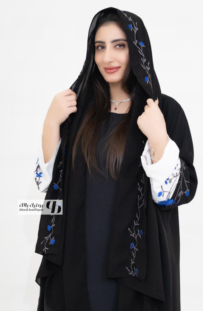 عباية قماش انترنت الكم ابيض وتطريز  لون رمادي وكحلي BB295