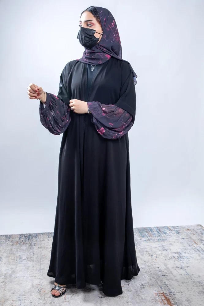 عباية نص كلوش انترنت مع شيفون مشجر زهري في الأكمام BB235