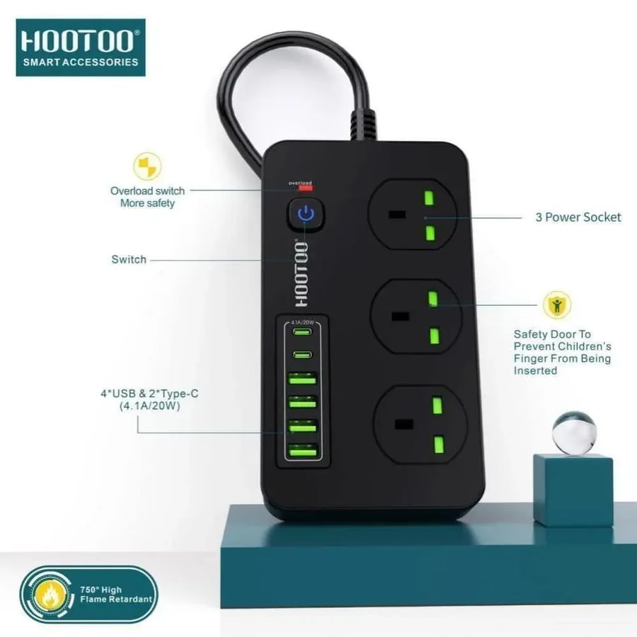 توصيلة كهرباء 3 مقابس مع منافذ USB و مدخلين PD من هوتو