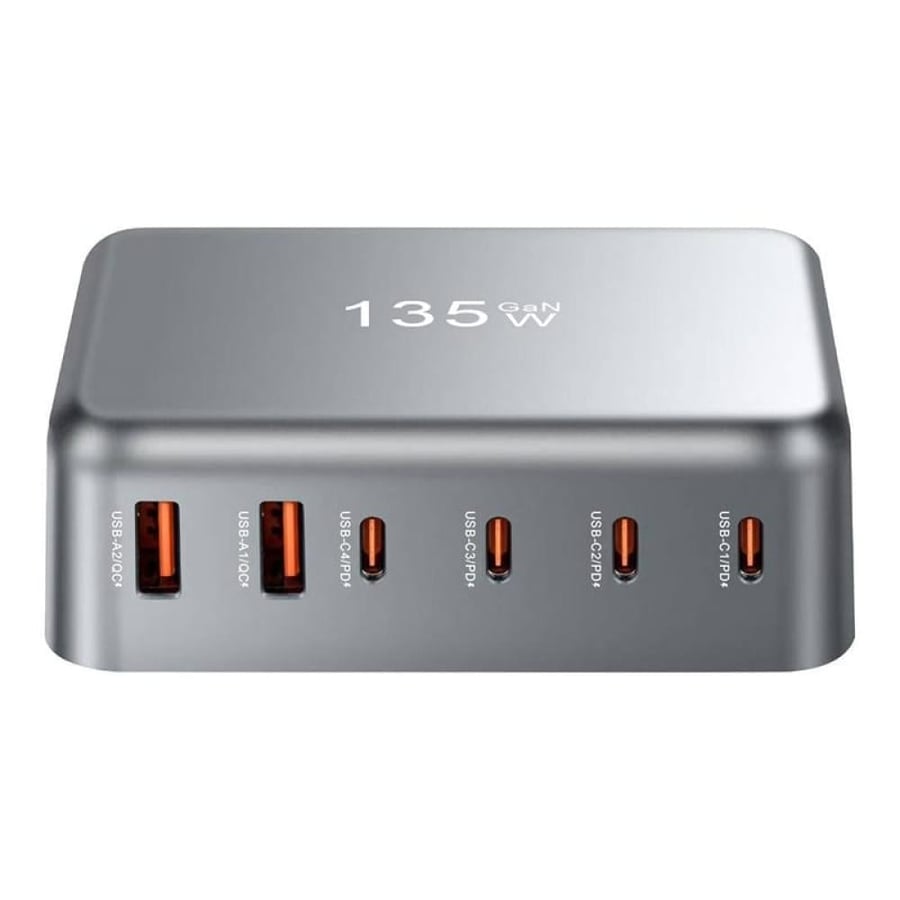 منصة شاحن مكتبي سريع بقوة 135 واط بتقنية GaN بـ 6 منافذ (4 Type-C PD + 2 USB-A QC)