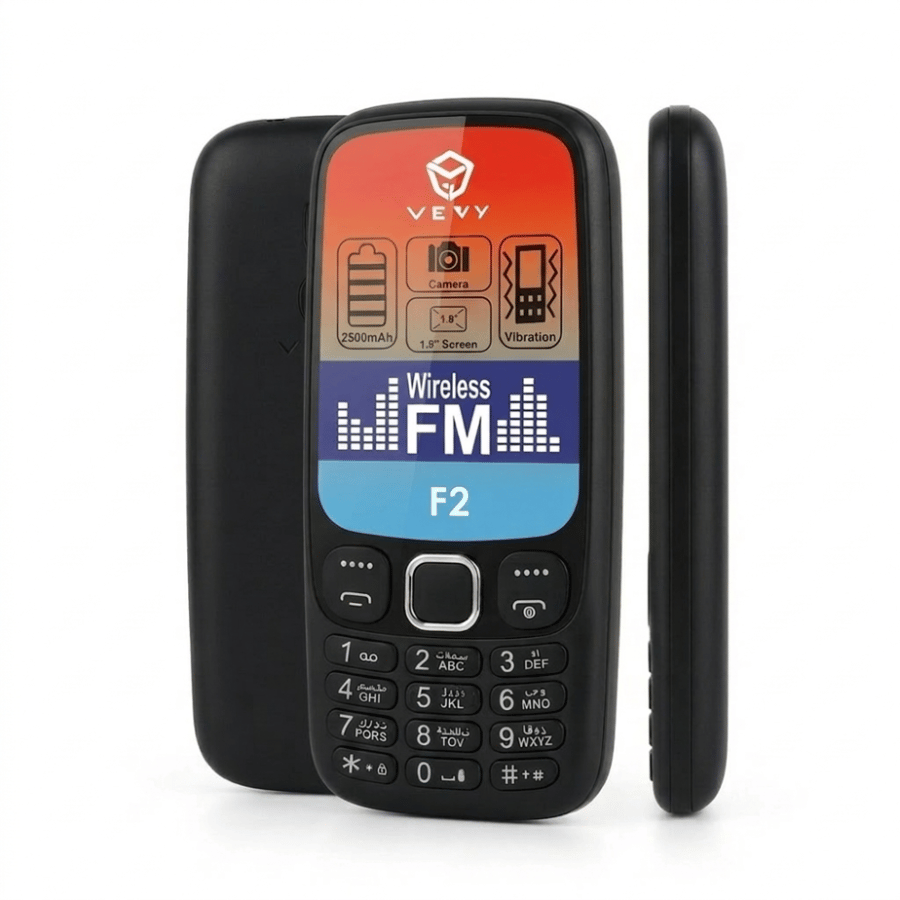 هاتف VEVY F2 العملي - بطارية ضخمة 2500 مللي أمبير، راديو FM لاسلكي وكاميرا - لون أسود
