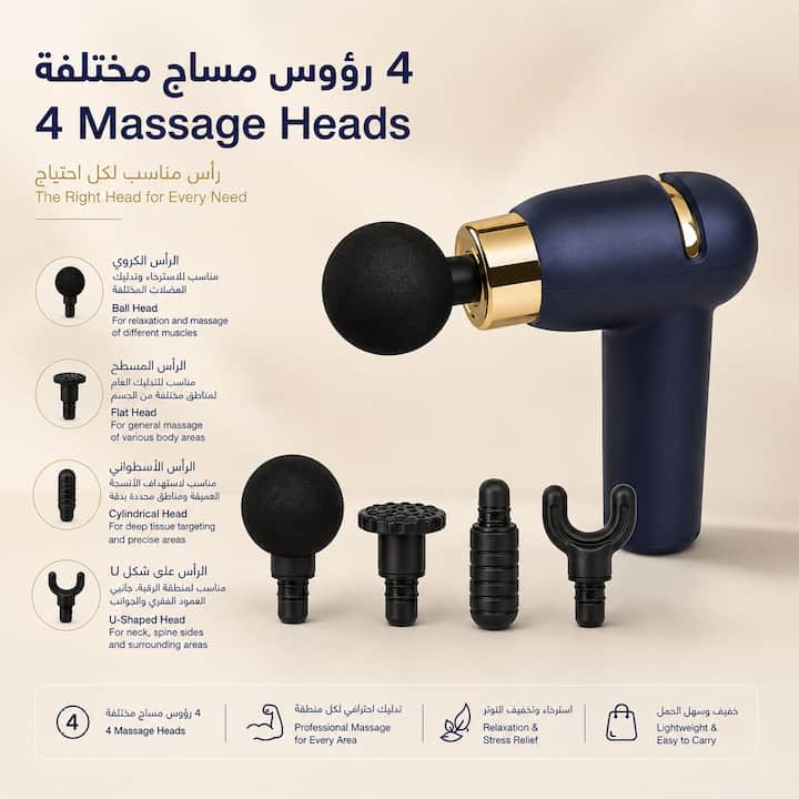 مدلك عضلات مزود بـ4 رؤوس مختلفة لاستهداف مناطق متعددة من الجسم.