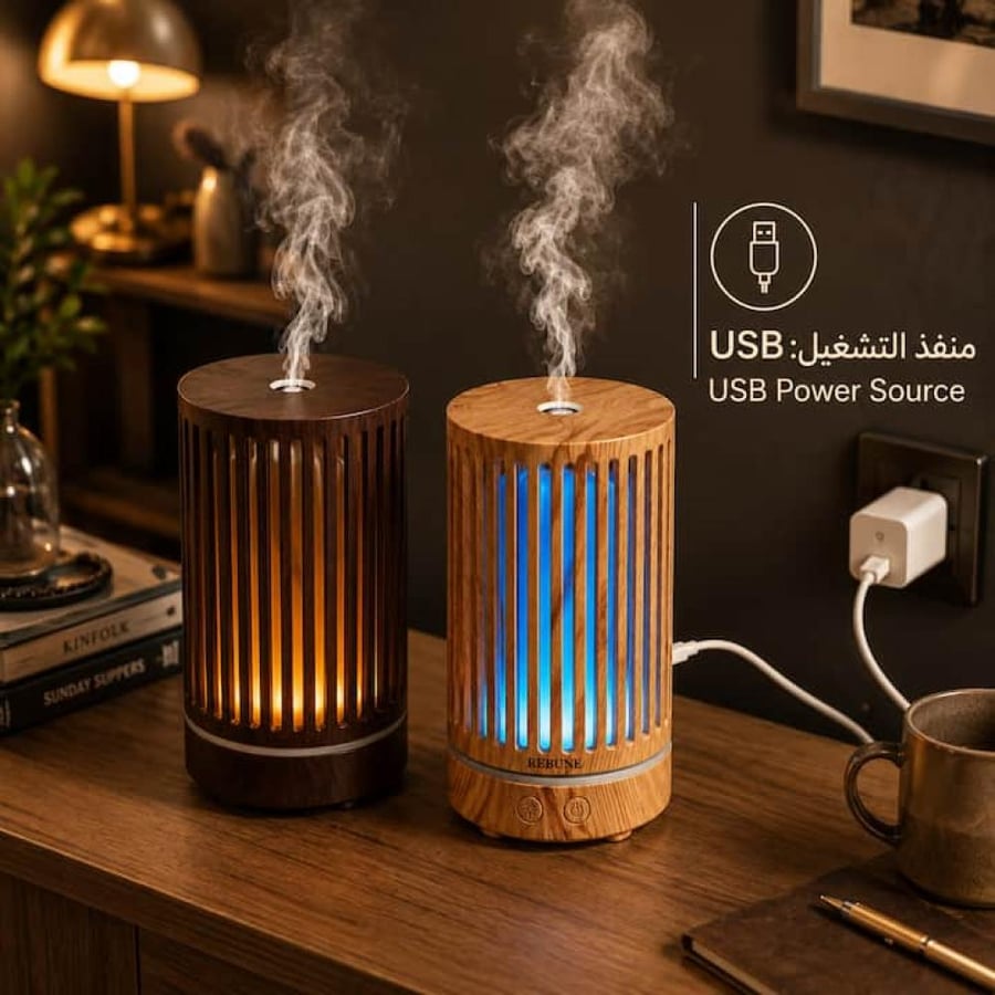 فواحة عطرية USB بتصميم خشبي ولونين مختلفين وإضاءة مميزة