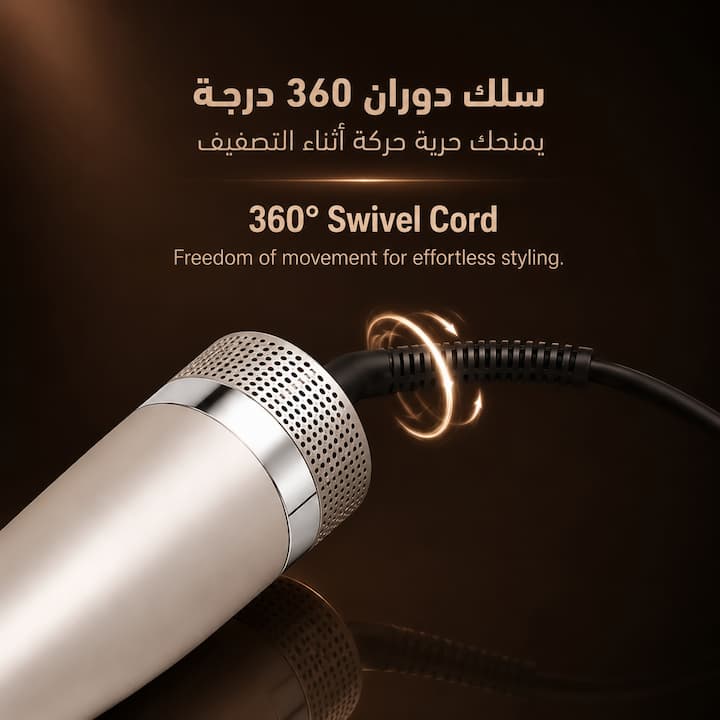 سلك دوار 360 درجة لحرية الحركة أثناء استخدام مصفف الشعر