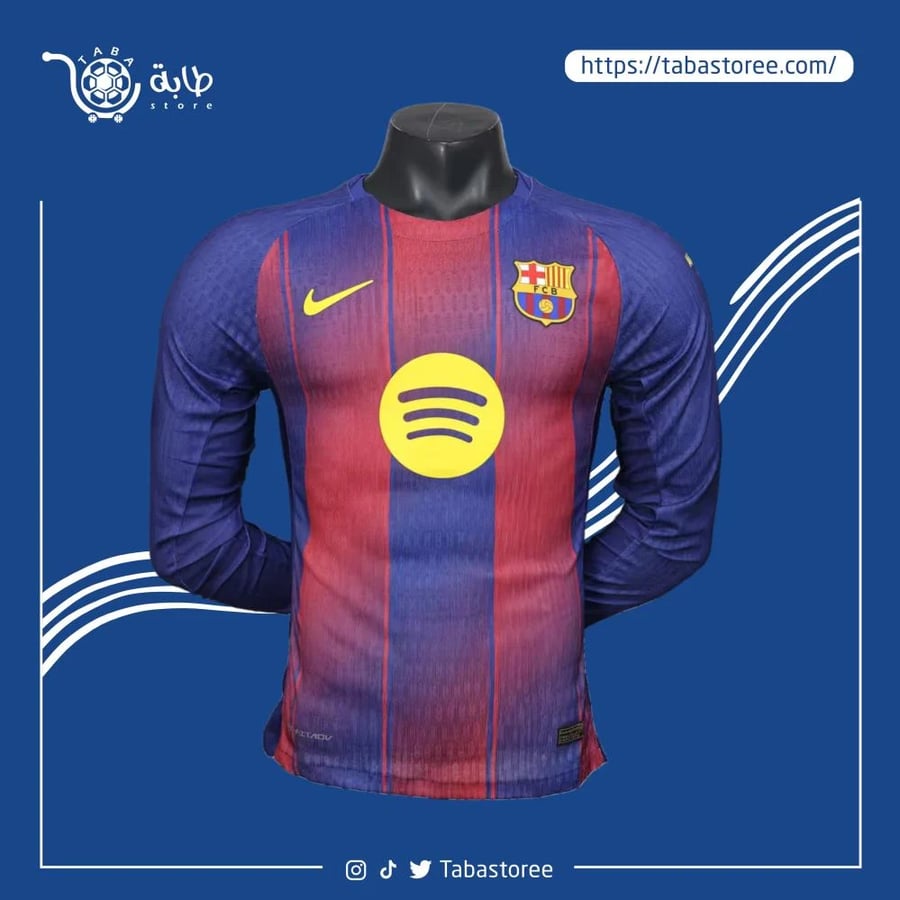 تيشيرت برشلونة أساسي كم طويل أزرق أحمر بلوغرانا شعار Spotify ذهبي نايك